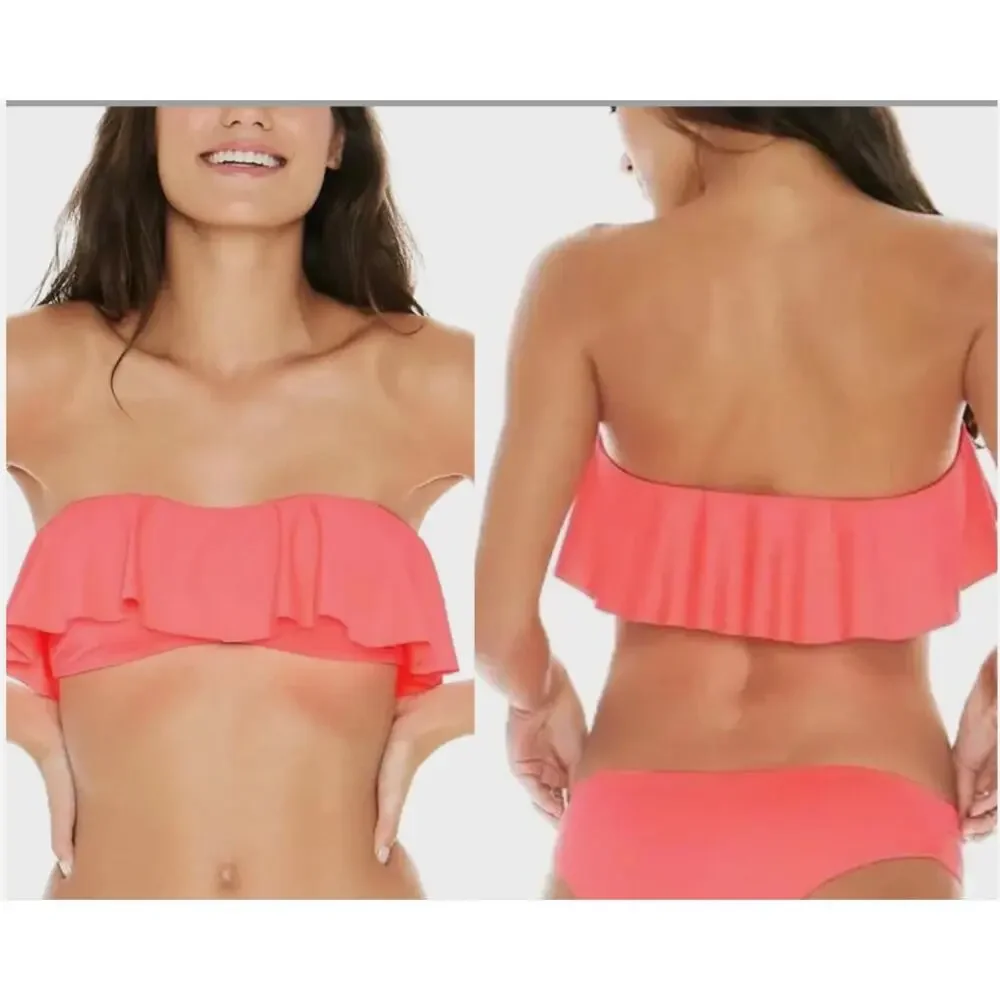 L*SPACE Lynn Bikini Top, Large Coral Pink Strapless Bandeau Style Ruffle Flounce